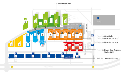 Wegweiser zur HNO-Klinik, dem Tinnituszentrum und dem Eltern-Kind-Zentrum