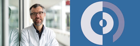 Links Prof. Guntinas-Lichius Kliniksdirektor der HNO, rechts Logo der HNO (©Anna Schroll, Jena)