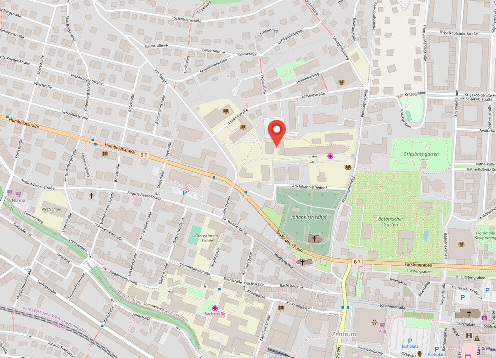 The location of the MRT research center is marked on the map.  
map © OpenStreetMap contributors and licensed by openstreetmap.org under CC-BY-SA. The marker is from  paomedia auf https://www.iconfinder.com/icons/299087/map_marker_icon licensed under CC BY 3.0.
