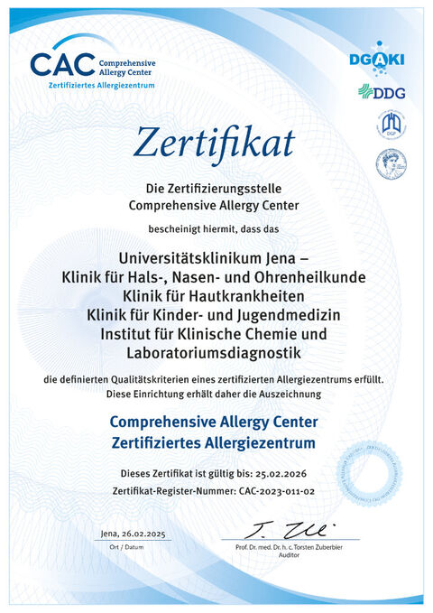 Zertifikat der Zertifizierungsstelle Comprehensive Allergy Center