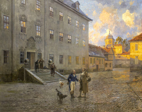 Hans W. Schmidt: Goethe und Carl August auf dem Hof des Jenaer Schlosses (1. Entwurf), 1907, Inv.-Nr.: M 12, Friedrich-Schiller-Universität Jena | Kustodie (Kunstsammlung), Foto: Gina Grond
